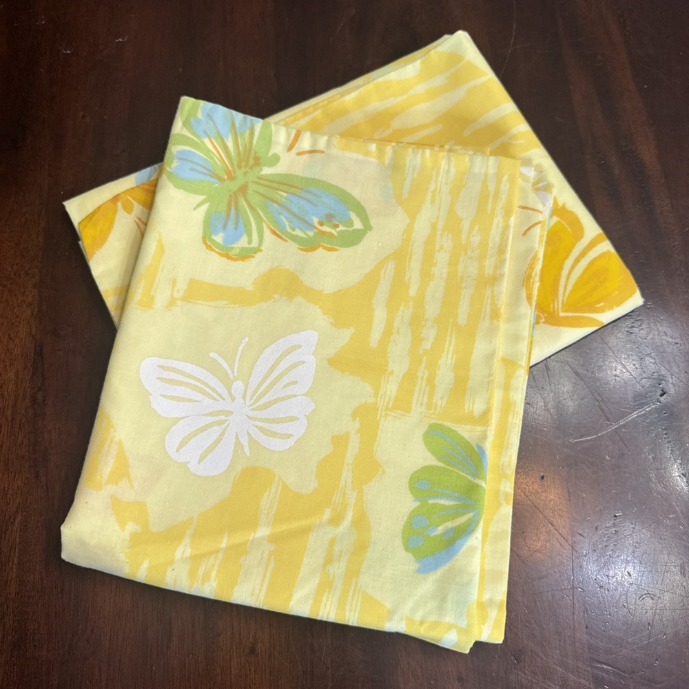 Vintage 60s STANDARD Size Pillowcases Butterflies Yellow Set 2 Spring Mills